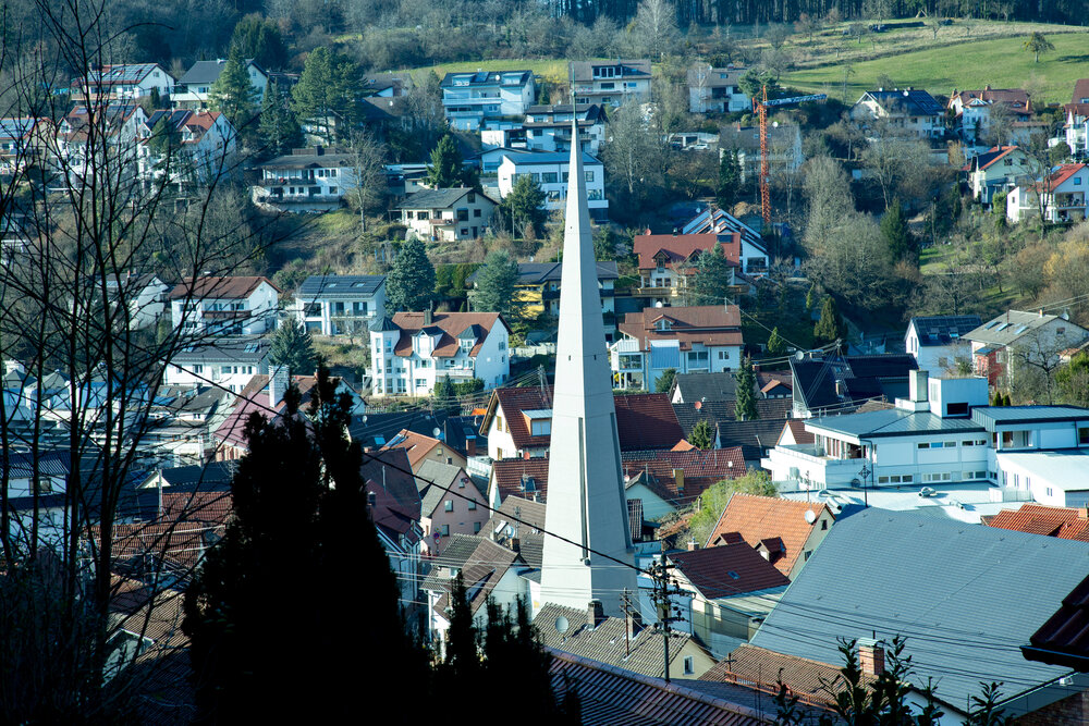 A beautiful detailed high angle landscape photograph showing a modern church tower near many village houses and green pine trees pinus sylvestris during a sunny day