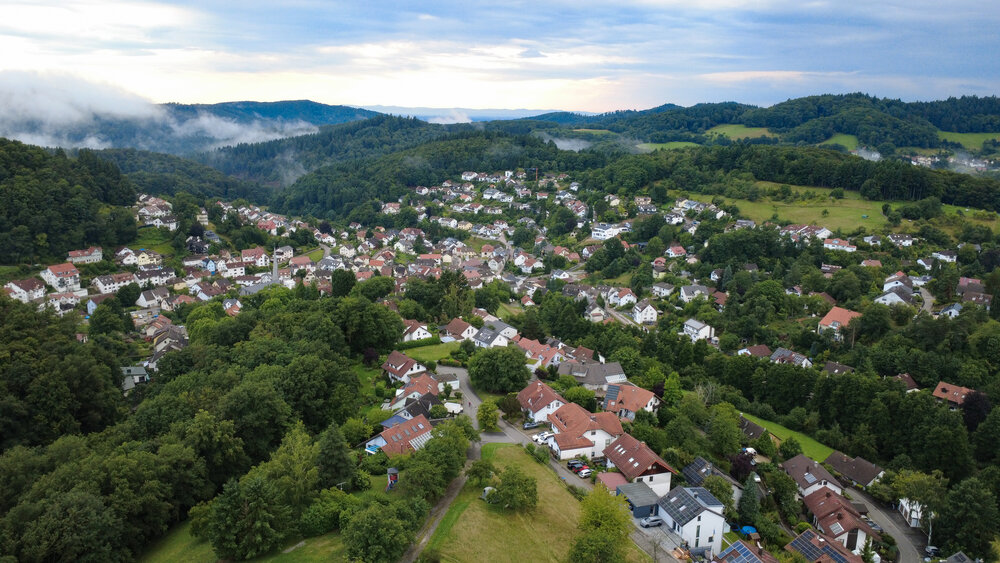 A beautiful detailed wide angle aerial drone photograph showing a small european village valley next to green pine trees and misty forested mountains during a cloudy summer day