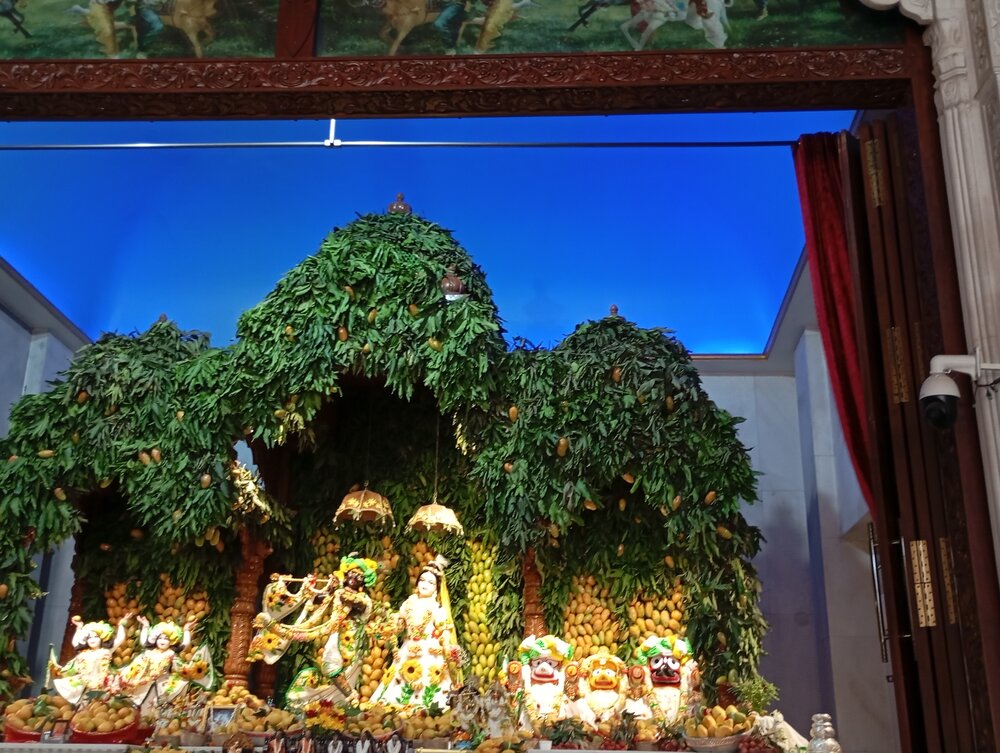 Golden mangoes and yellow offerings in temple.