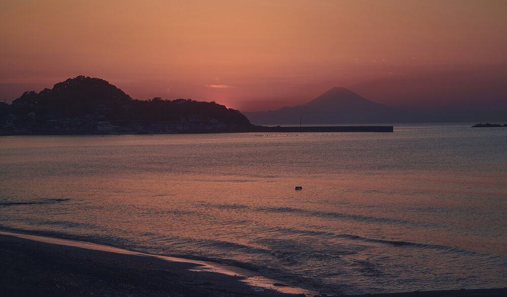 The Beach and Mount Fuji at Sunset