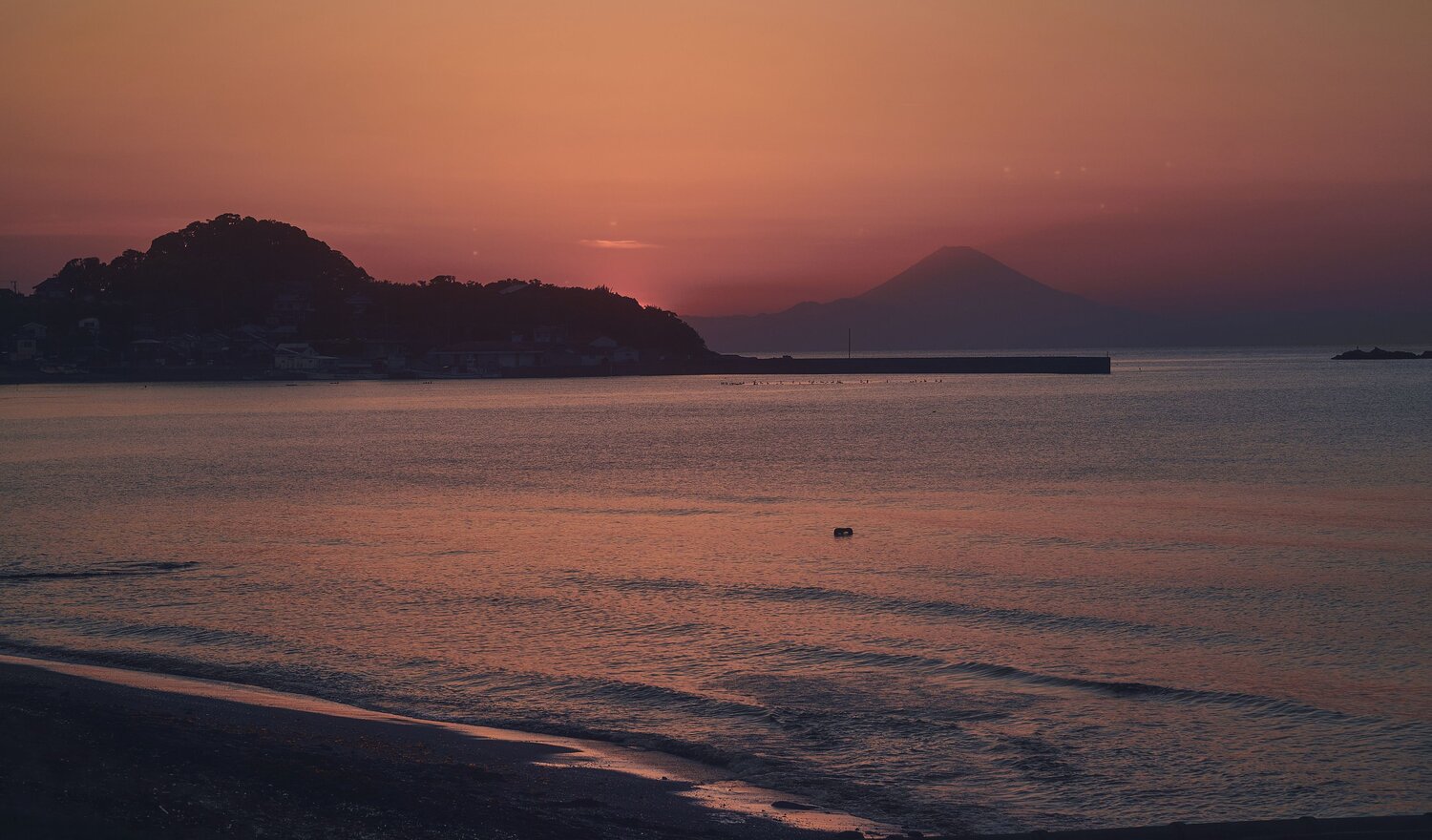 The Beach and Mount Fuji at Sunset