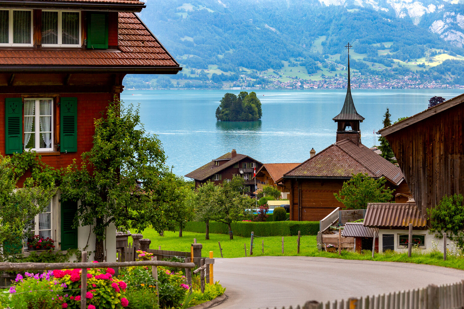 Swiss Village View over Lake Brienz and Iseltwald Island