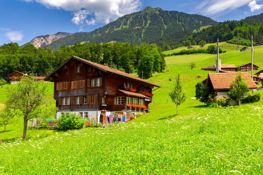 Traditional Swiss Chalet in Lungern Alpine Landscape