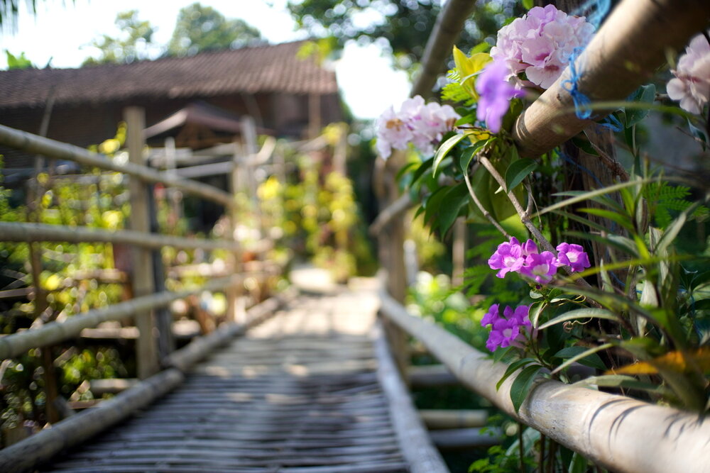 Flower-Adorned Bamboo Footbridge in a Traditional Indonesian Village