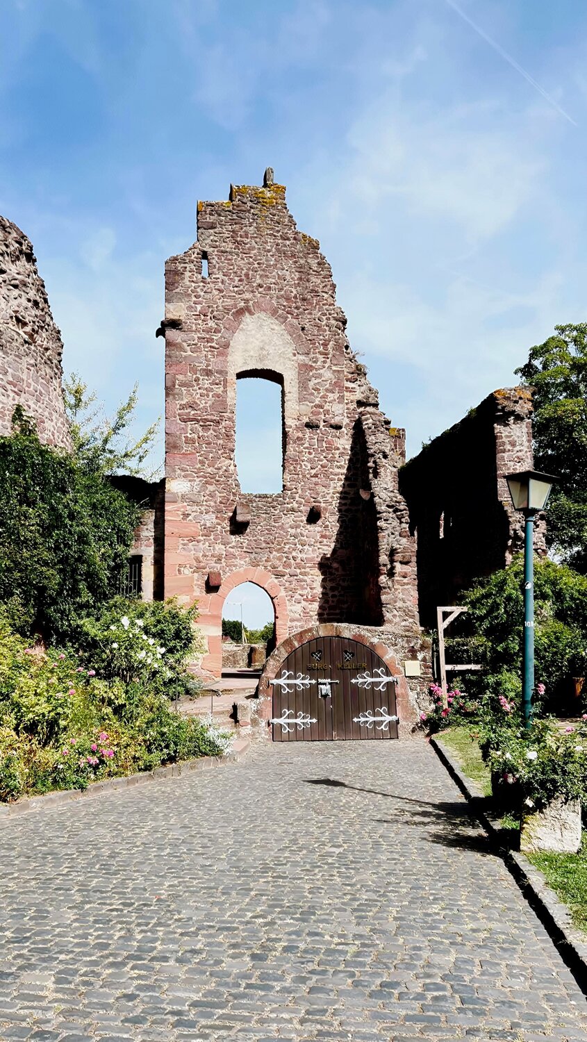Pathway Through Time: Cobblestone Entrance to Historic Castle Ruins with Roses