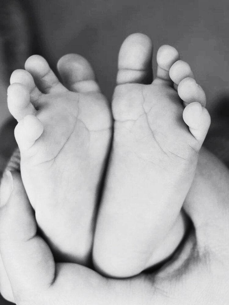 Black and white portrait photograph of a parents hands gently cradling tiny newborn baby feet showing sole details and small toes