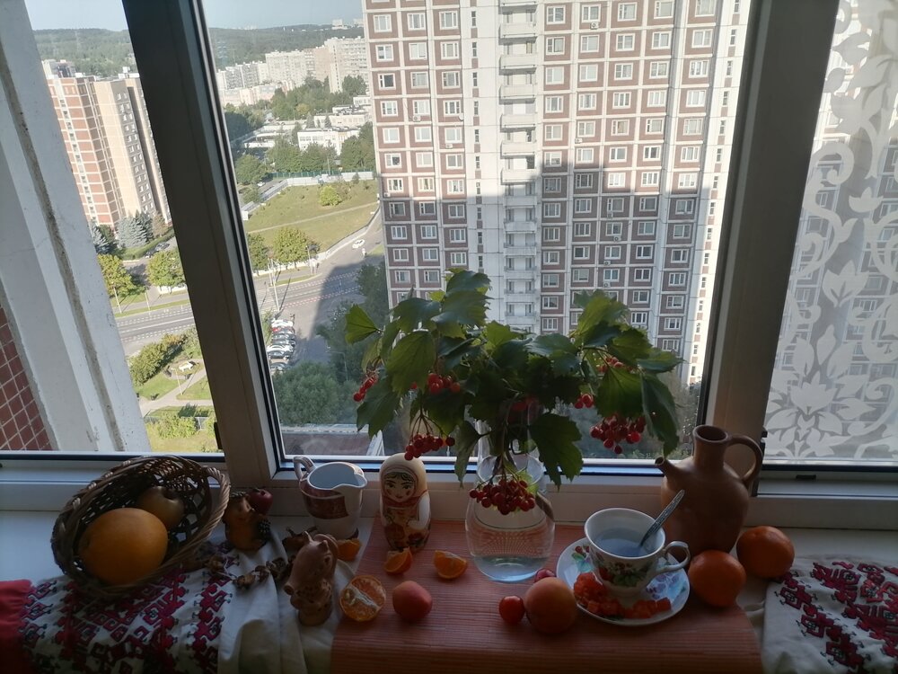 Натюрморт с калиной и мандаринами на фоне открытого окна.