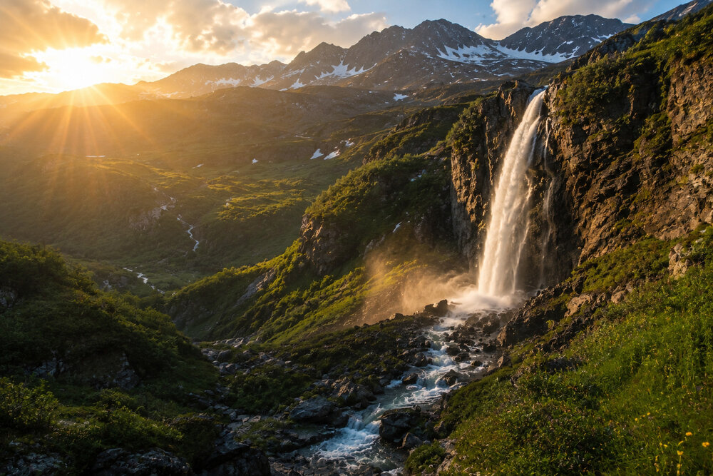 Mountain Waterfall at Golden Hour