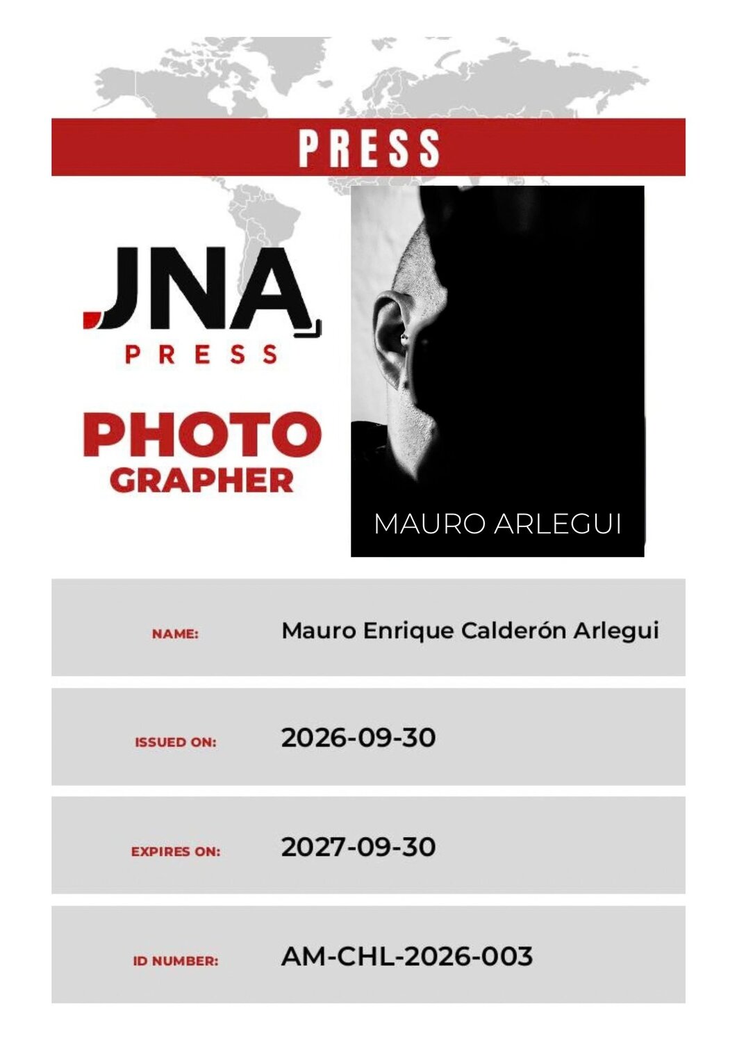 JNA Press Accreditation — Mauro Arlegui, Photojournalist