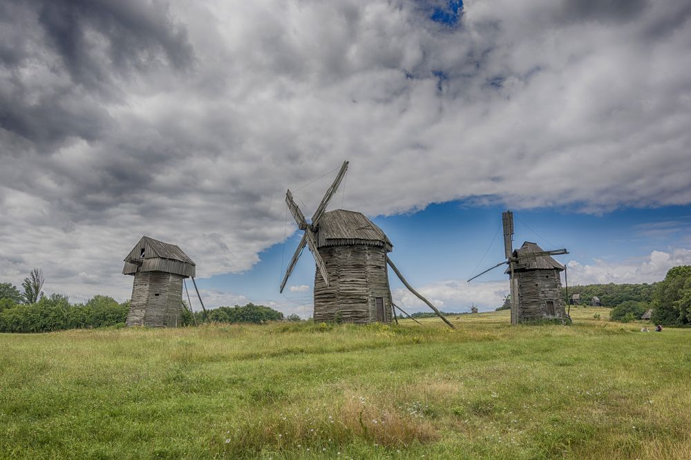 Windmills in field