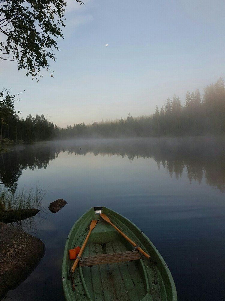 Утро на озере глубоко в лесу в Финляндии..