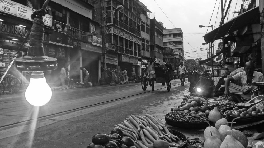 Hand puller rickshaw of British Raj in B & W.