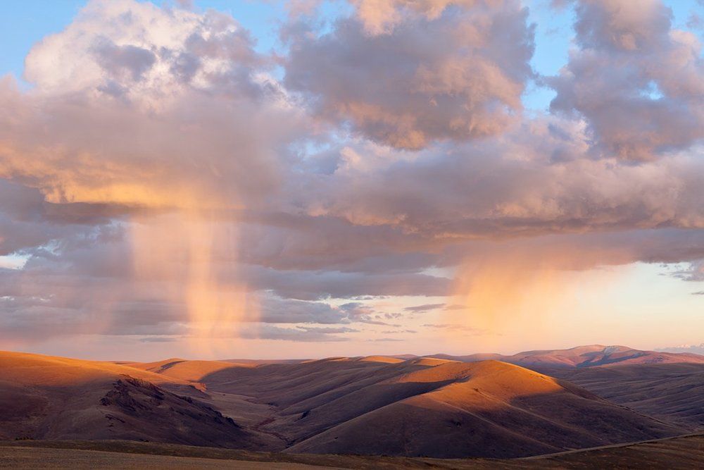 Дождь в закатном свете.