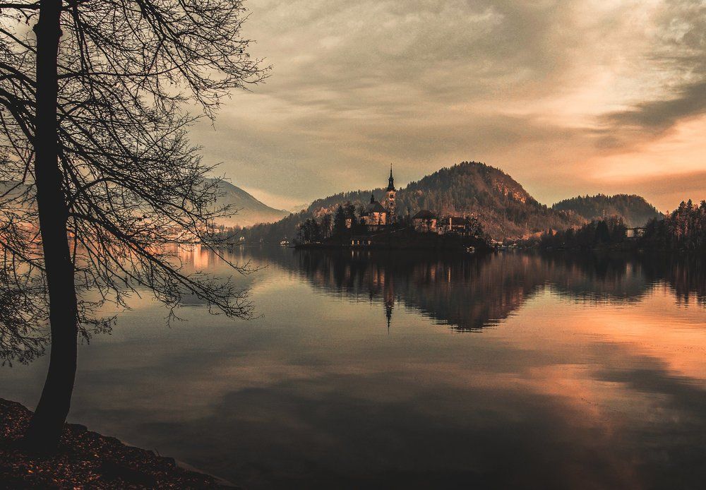 Sunset on Bled lake, Slovenia