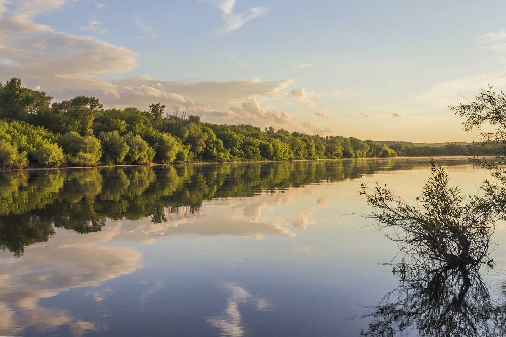 На фоне закатного солнца..