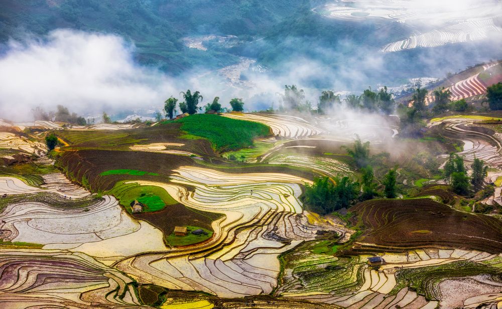 Painting of mountainous countryside