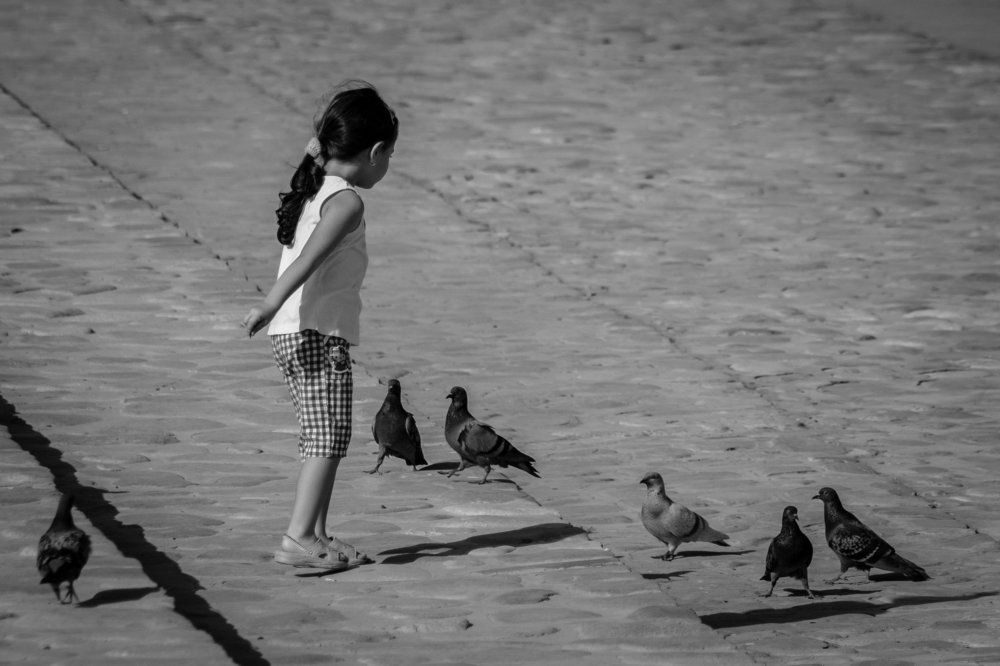 Девочка в окружении голубей