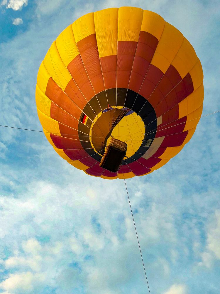 на большом воздушном шаре, мандаринового цвета...
