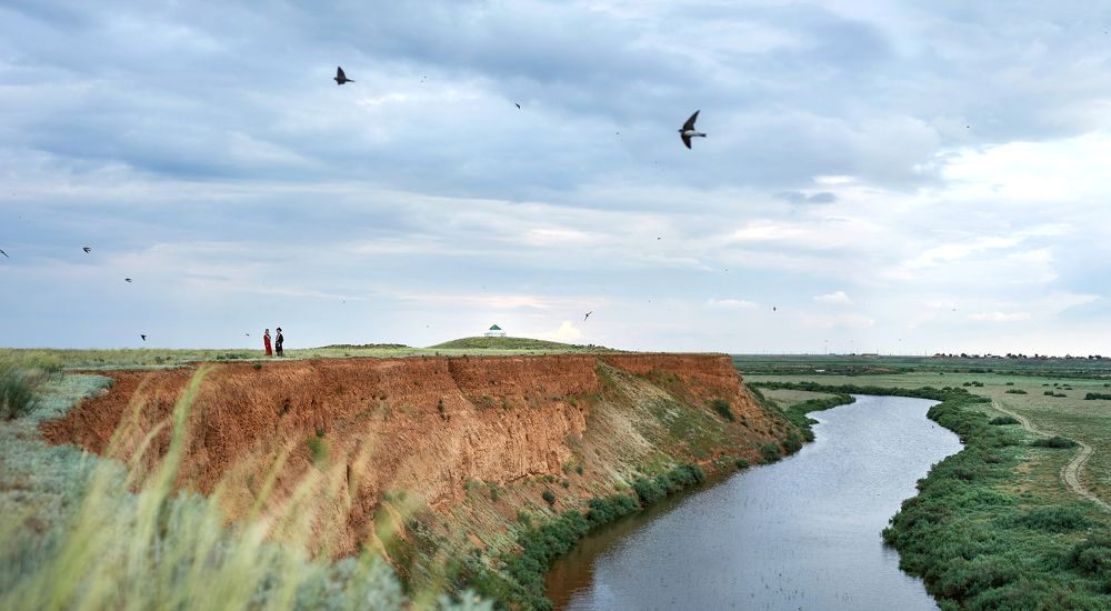 Калмыкия. Птицы у красного берега.