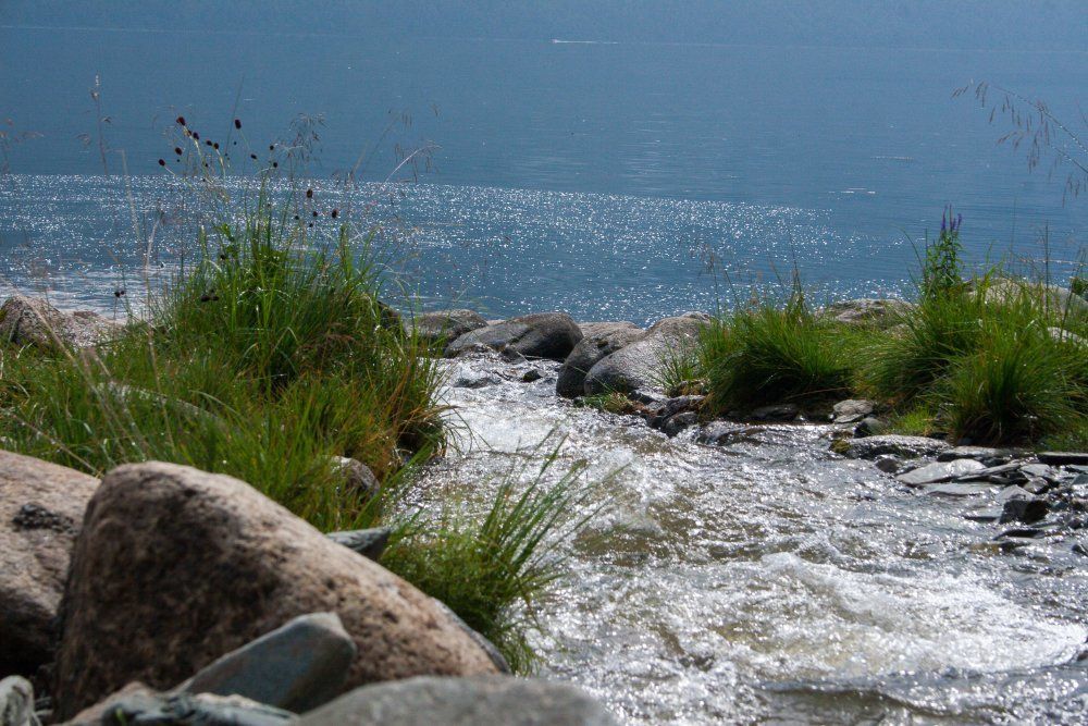 Водопад впадает в Телецкое озеро