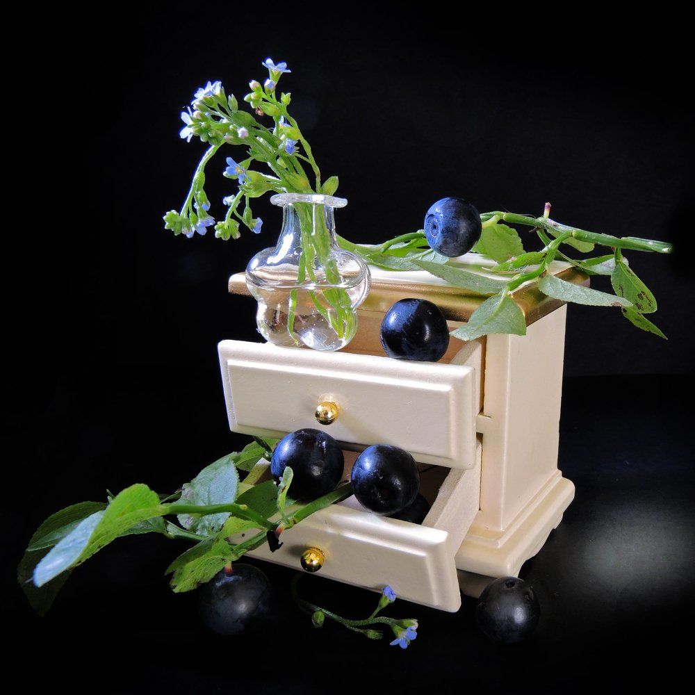 Макро-композиция с черникой и голубыми цветами на комоде.