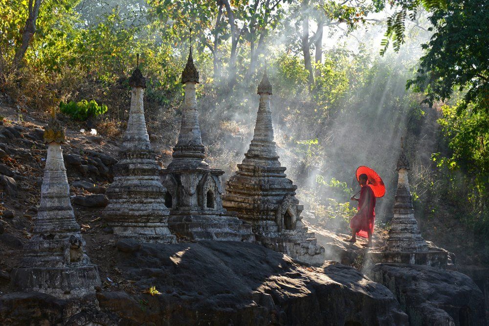 Pagodas and young novice