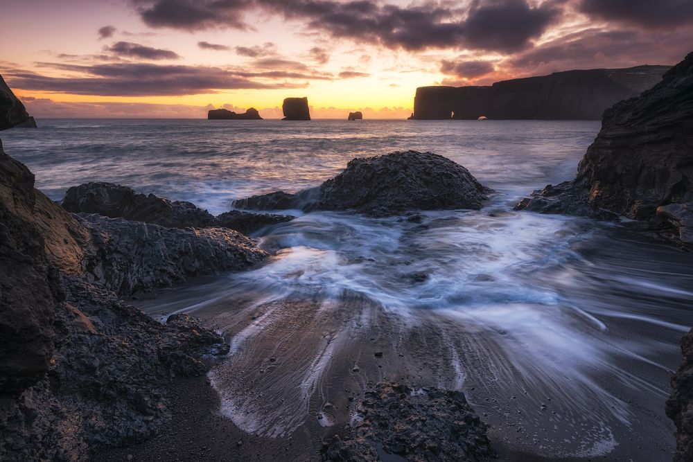 Sunset at Kirkjufjara beach