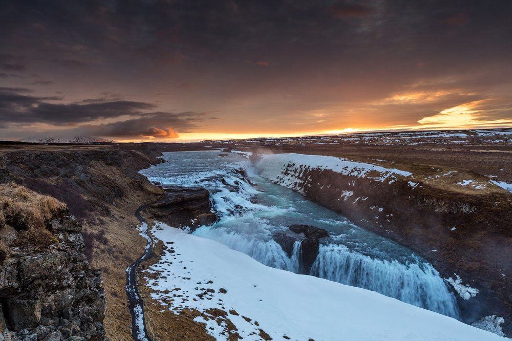 Iceland classic, Sunrise on Gullfoss waterfall.