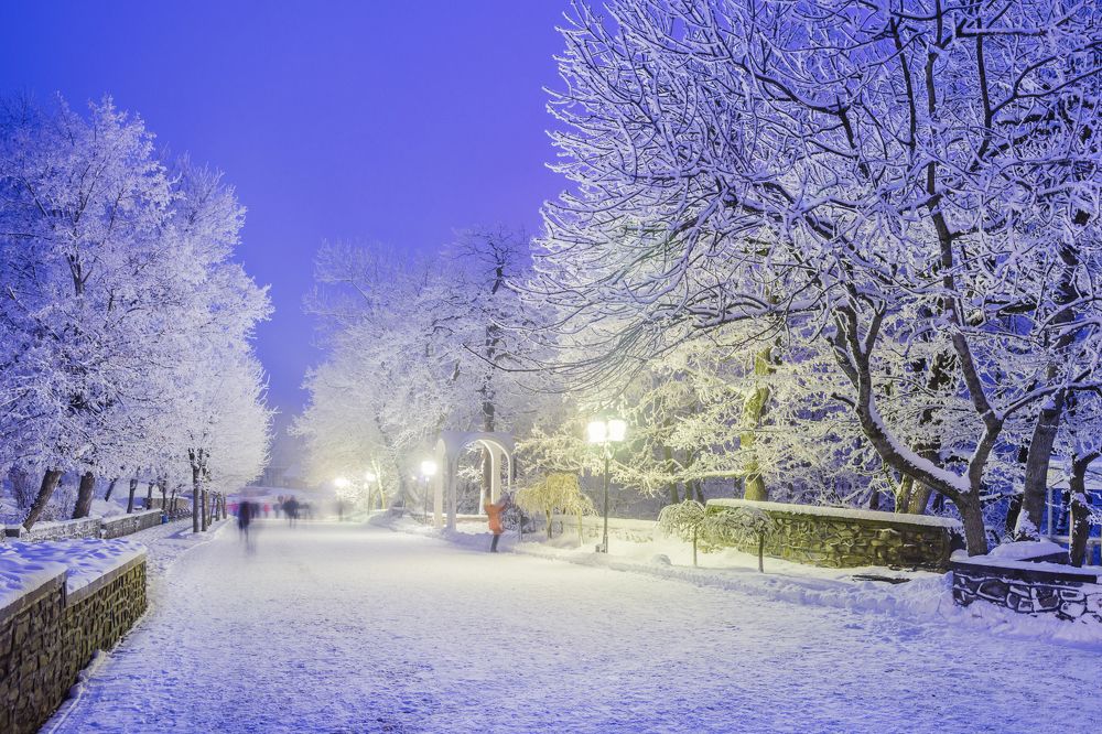 Россия. Железноводск. Главная аллея курортного парка в зимний вечер.(Вариант №2)