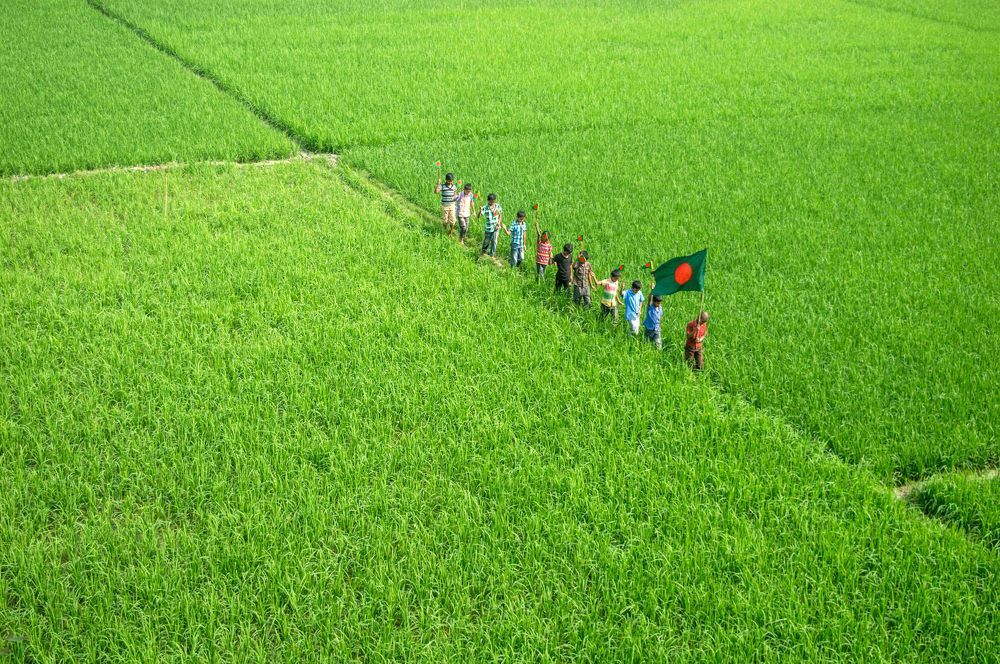 A group of children running with Bangladeshi national flags.
