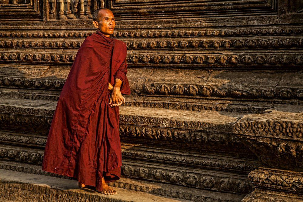 Монах в встречает рассвет в храме Ангкор