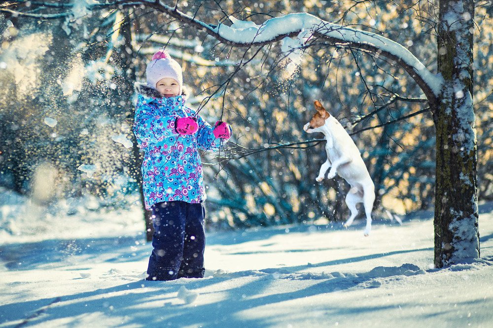 Winter in Moscow with a girl and dog