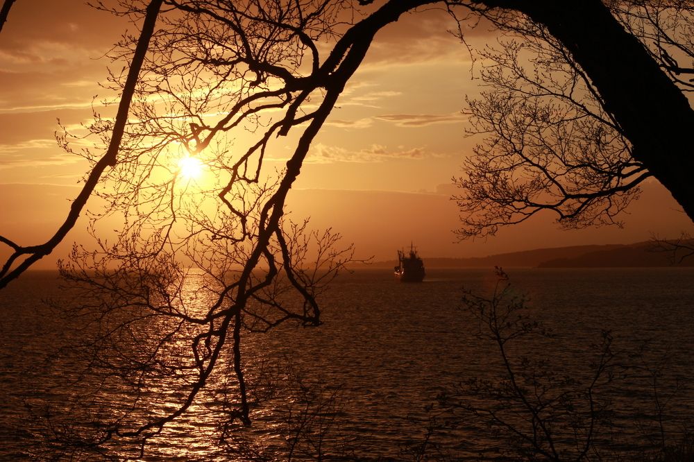 Вечер, рыбаки идут домой