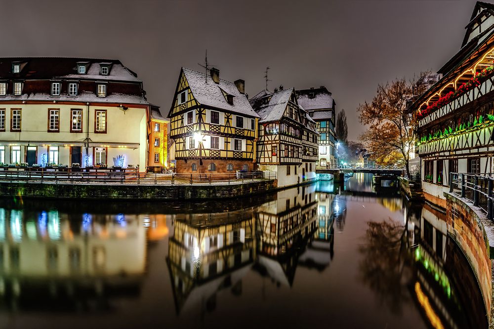Highlighted old timber-framed houses in Strasbourg, night view