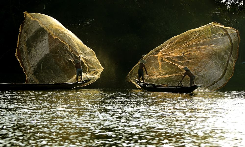 Drop fishing net on Nhu Y River