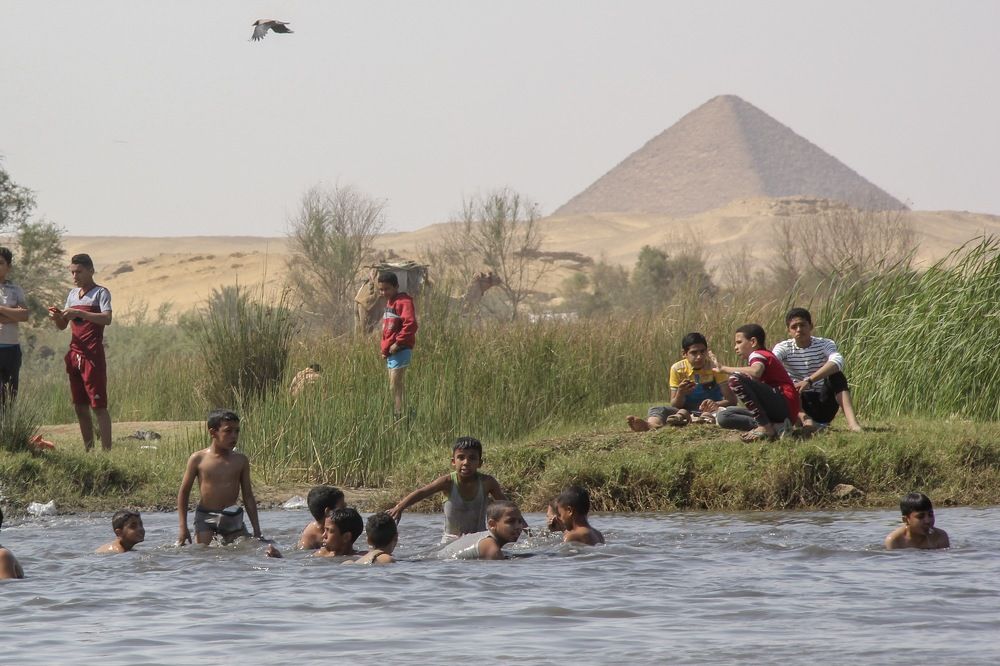 Children swim on a sunny day breeze .