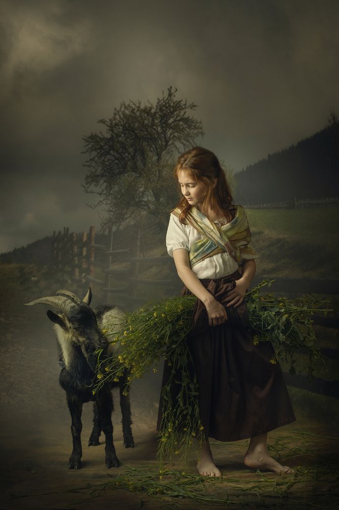 girl with goat&flowers