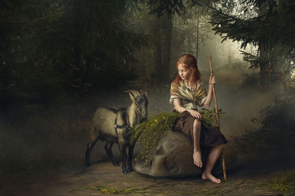 girl with goat&flowers