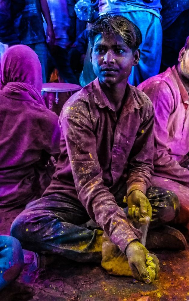 Holi player ready to throw gulal in Barsana,India.