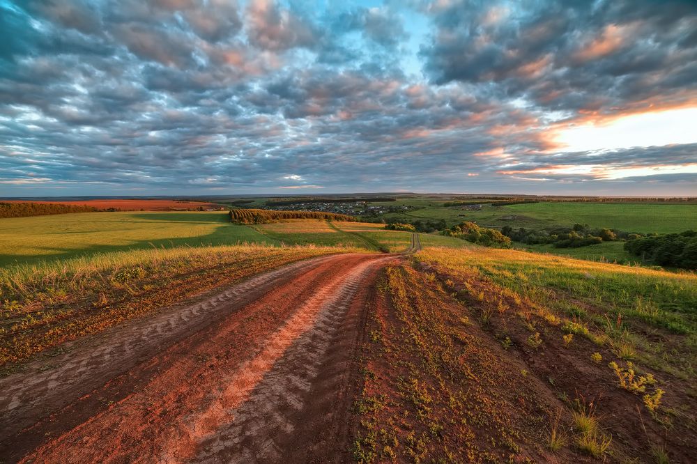Дорога в деревню, через поля на закате.