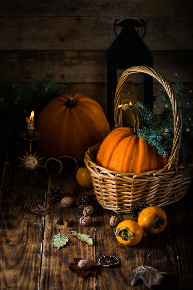 Autumn still life. Pumpkins in basket. Rustic photo.