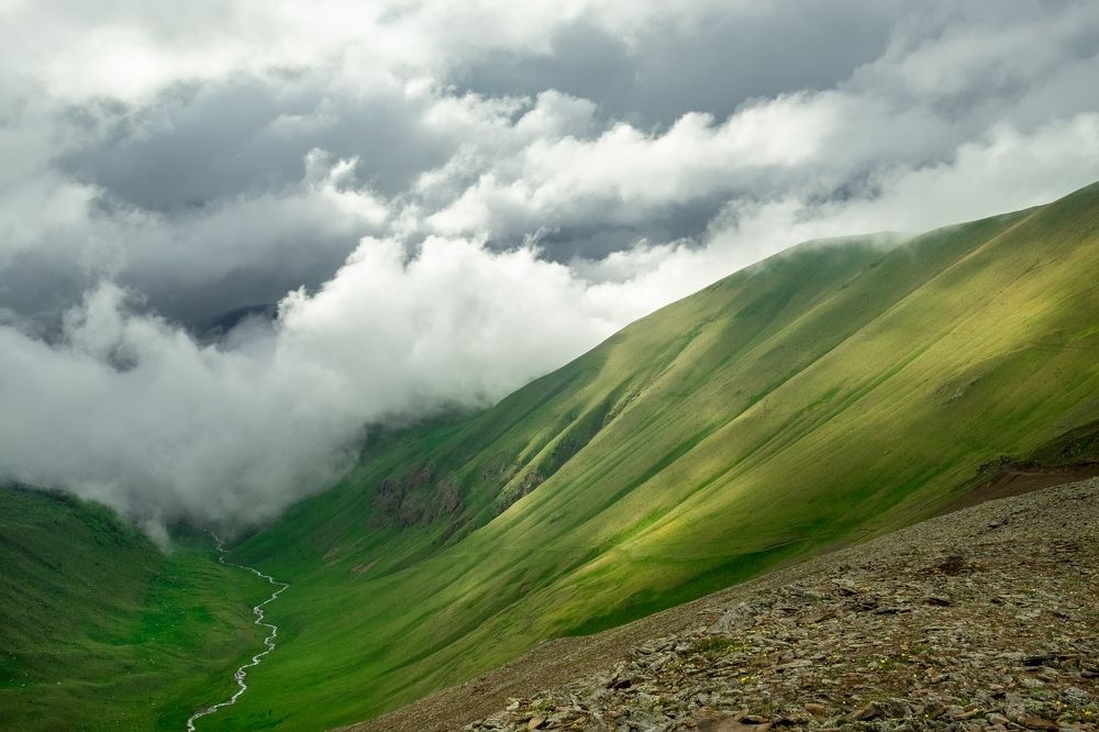 mountain gorge under the cover of clouds