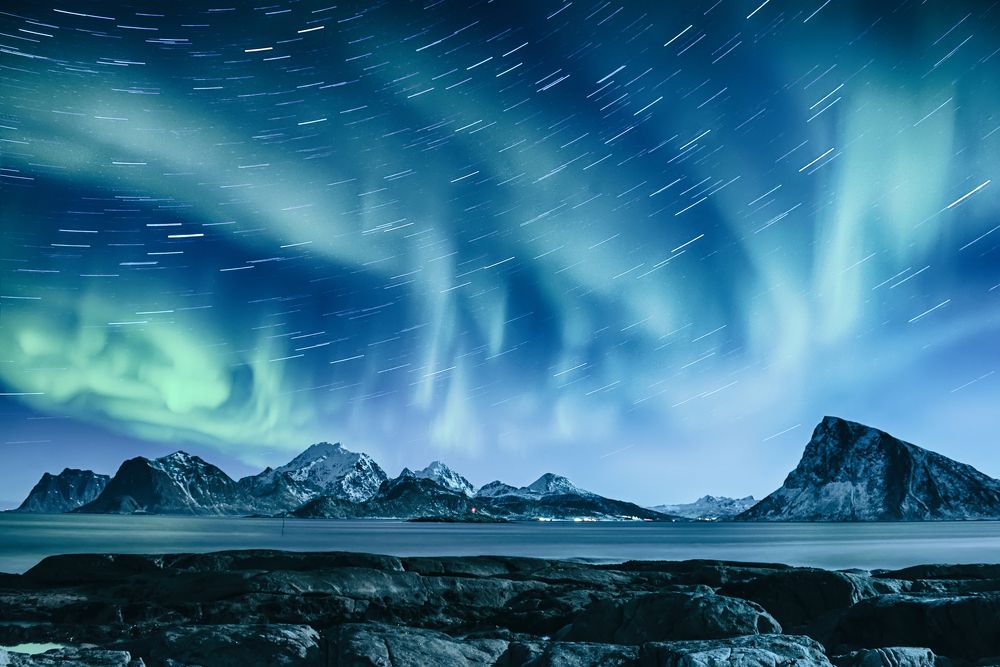 Northern Lights with star tracks, Lofoten Islands