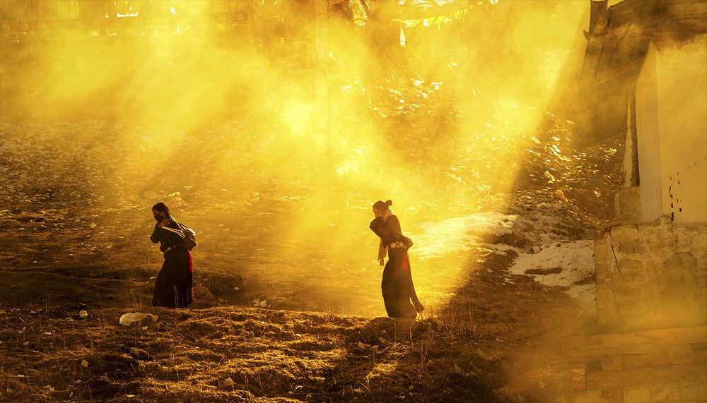 Two women running through the morning fog