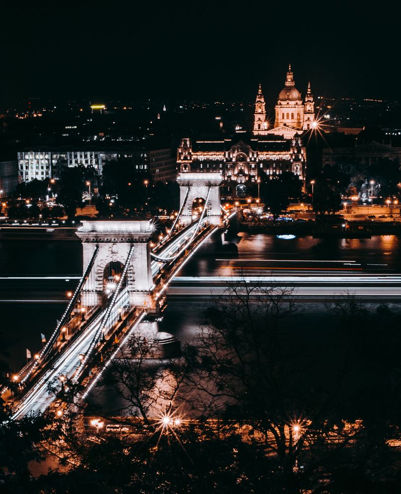 Панорама на Цепной мост с фуникулера, Будапешт.