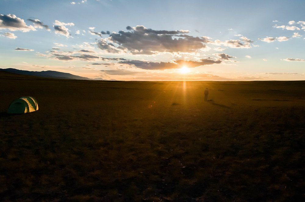 В лучах заходящего солнца.