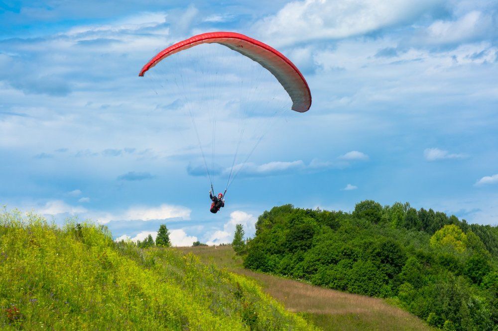 Парапланерист над зеленым лугом