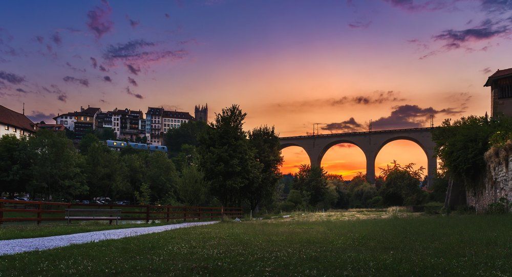 Bridge in Fribourg at sunset