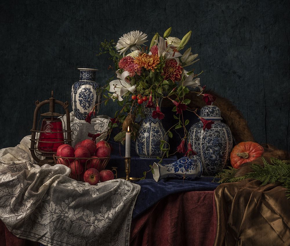 Still life with orchard apples and asters