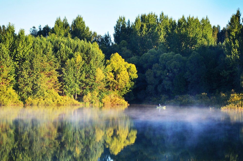 Туманное утро на озере.